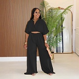 V-neck Crosse Short Top High-waisted Wide-leg Pants Two-piece NTY-7589
