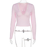 Women V-neck Long Sleeves Solid Color Lace Slim Tops WSD-1994730