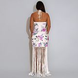 Halter-neck Printed Backless Sleeveless Tassel Dress NY-7581
