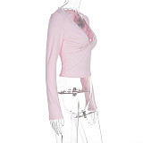 Women V-neck Long Sleeves Solid Color Lace Slim Tops WSD-1994730