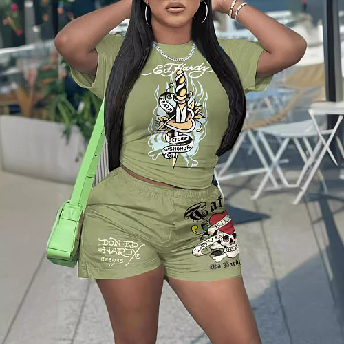 New Printed Short-sleeve Shirt Shorts Sports Two-piece Set For Women RS-Q333