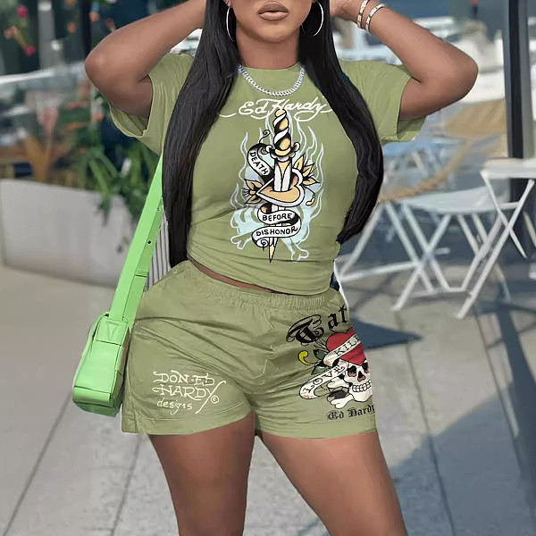 New Printed Short-sleeve Shirt Shorts Sports Two-piece Set For Women RS-Q333