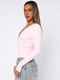 Women V-neck Long Sleeves Solid Color Lace Slim Tops WSD-1994730