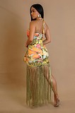 Halter-neck Printed Backless Sleeveless Tassel Dress NY-7581