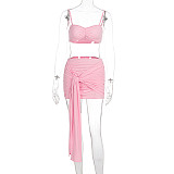 Women Pink Mesh Long Sleeves Crop Top Wrinkle Tight Mini Skirt Three Pieces Sets WSD-1994843