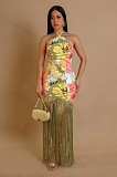 Halter-neck Printed Backless Sleeveless Tassel Dress NY-7581