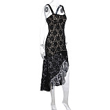 Black Lace Ladies Straps Transparent Slim Sleeveless Split Maxi Dress WSD-1994365