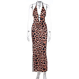Super Sexy Backless Women Leopard Print Lace-up Slim Slit Maxi Dress WSD-1994397