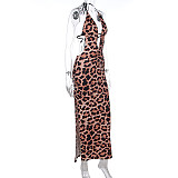 Super Sexy Backless Women Leopard Print Lace-up Slim Slit Maxi Dress WSD-1994397