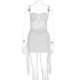 White Sexy Strapless Lace Patchwork Wrinkle Mini Bodycon Dress WSD-1994503