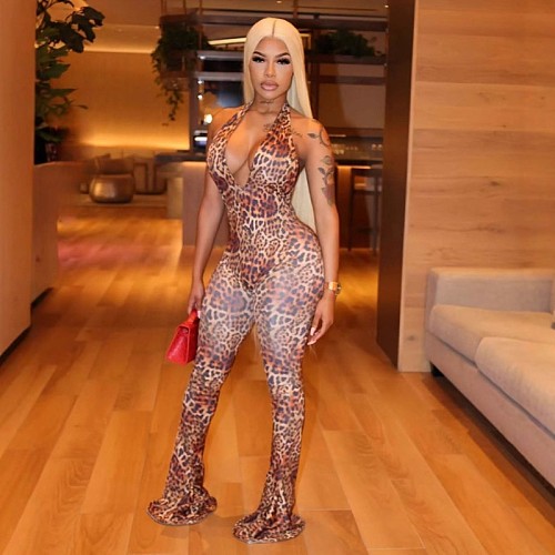 Sexy Leopard Print Women Backless Halter Flared Jumpsuit WSD-1994408
