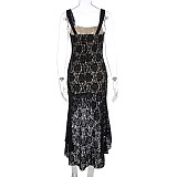 Black Lace Ladies Straps Transparent Slim Sleeveless Split Maxi Dress WSD-1994365