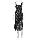 Black Lace Ladies Straps Transparent Slim Sleeveless Split Maxi Dress WSD-1994365