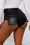 Black Imitation Leather Women High-waist Pockets Plus Size Hotpants GZHY-817