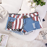 Women Flag Print Broken-hole Low-waist Denim Hotpants GZHY-388
