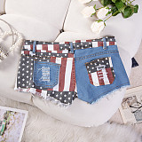Women Flag Print Broken-hole Low-waist Denim Hotpants GZHY-388