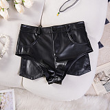 Black Imitation Leather Women High-waist Pockets Plus Size Hotpants GZHY-817