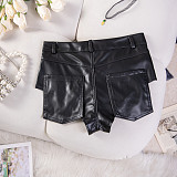 Black Imitation Leather Women High-waist Pockets Plus Size Hotpants GZHY-817