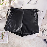 Black Leather High-waist Women Lace-up Plus Size Hotpants GZHY-811