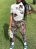 Summer Round Neck Short Sleeve Camouflage Print Trouser Suits RS-8881