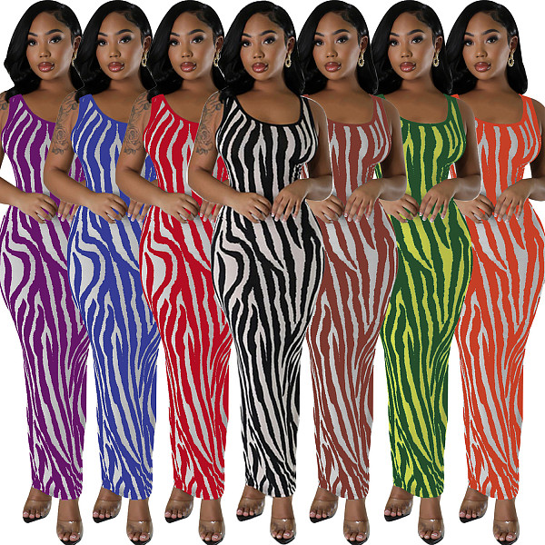 Zebra Print Elegant Long Dresses Backless Maxi Vest Dress RS-3146