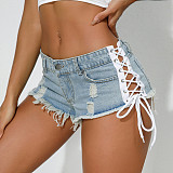 Women Lace-up High Waist Broken-holes Plus Size Short Jeans GZHY-9057