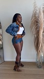 Women Long Sleeves Patchwork Jacket Top And Shorts Denim Sets MEM-88659