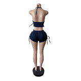 Sexy Straps Lace-up Vest And Shorts Women Denim 2 Pieces Sets MEM-88653