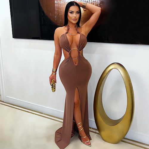 Hot Sexy Backless Halter Hollow-out Split Fishtail Long Dress NTY-7591