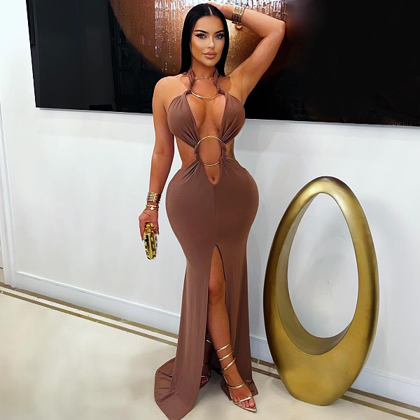 Hot Sexy Backless Halter Hollow-out Split Fishtail Long Dress NTY-7591