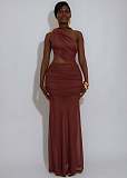 Sexy Single Shoulder Backless Transparent Solid Color Maxi Dress NTY-7590