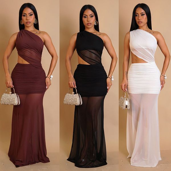 Sexy Single Shoulder Backless Transparent Solid Color Maxi Dress NTY-7590