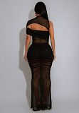 Sexy Hollow-out Top And Transparent Mesh Wrinkle Long Dress Sets NTY-7583