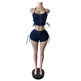 Sexy Straps Lace-up Vest And Shorts Women Denim 2 Pieces Sets MEM-88653