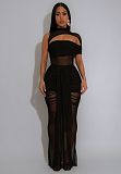 Sexy Hollow-out Top And Transparent Mesh Wrinkle Long Dress Sets NTY-7583