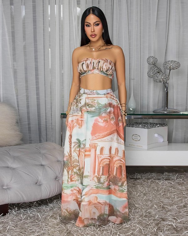 Hot Sexy Strapless Crop Top And Long Skirt Women Print Chiffon Two Pieces Set NTY-7587