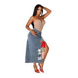 Fashion Women Letter Embroidery Elastic Denim Tight Skirt MEM-88657