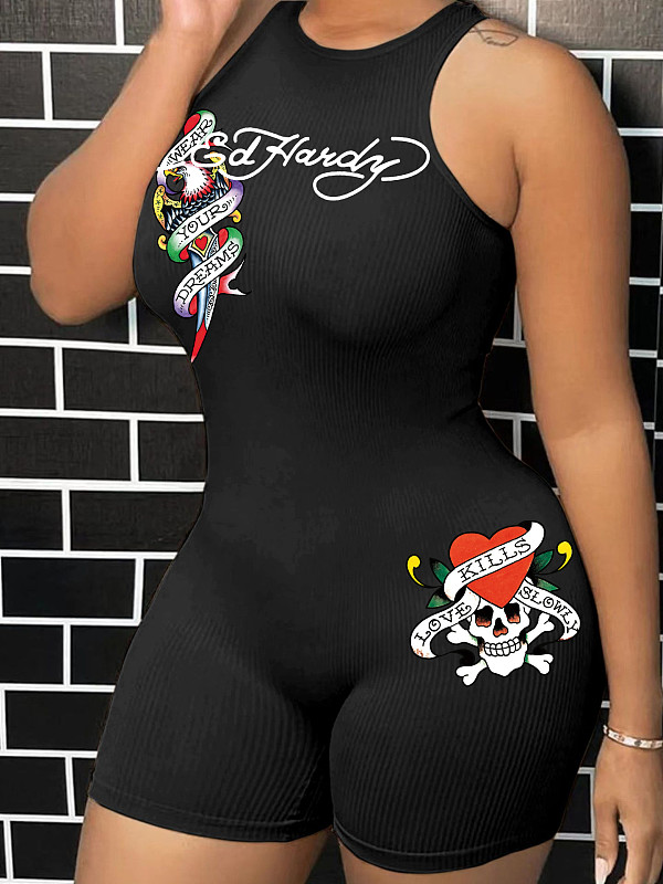 Women's Fashion Sexy Sleeveless Skeleton Patten Short Jumpsuit RS-050821