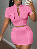 Simple Small Stand-up Collar Pockets Wide-shoulder Zipper Top Mini Skirts Outfits RS-20250821
