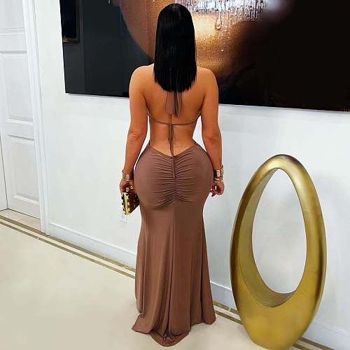Hot Sexy Backless Halter Hollow-out Split Fishtail Long Dress NTY-7591