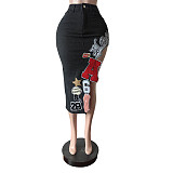 Fashion Women Letter Embroidery Elastic Denim Tight Skirt MEM-88657