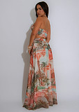 Hot Sexy Strapless Crop Top And Long Skirt Women Print Chiffon Two Pieces Set NTY-7587