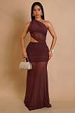 Sexy Single Shoulder Backless Transparent Solid Color Maxi Dress NTY-7590