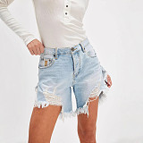 Fashion Women Broken-holes Tassel Denim Fifth-pants Large Size DLSD-2419