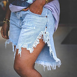 Fashion Women Broken-holes Tassel Denim Fifth-pants Large Size DLSD-2419