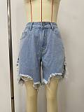 Fashion Women Broken-holes Tassel Denim Fifth-pants Large Size DLSD-2419