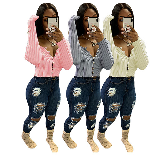 V Neck Single-breasted High Stretch Knit Sweater CN-0203