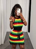 Striped Cut-out Drawstring Tassel Short Skirt Dress For Women XS-K25L1037