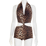 Leopard Halter Drape Collar Back Bandage Short Jumpsuit RS-J25RP214