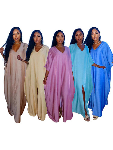 Loose Casual Irregular Hem Slit V-neck Dress Long Dresses RC-3358